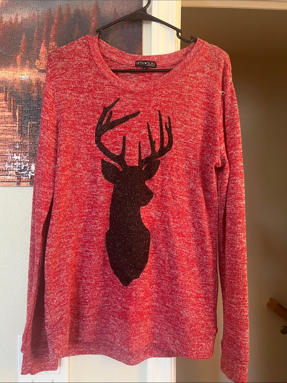 Fifth Sun Red Marled Sweater with Black Glitter Deer